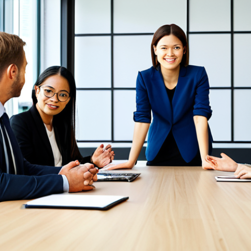 Home 4 A diverse group of professionals, men and women from various cultural backgrounds, are engaged in a constructive dialogue around a modern conference table. They are all fully clothed in professional, modest business attire, seated in natural poses with perfect anatomy and correct proportions. Well-formed hands are visible, subtly gesturing. The environment is a brightly lit, contemporary office space, symbolizing collaboration and mutual understanding. This is a high-quality professional image, safe for work, appropriate content, with natural body proportions, and is family-friendly.