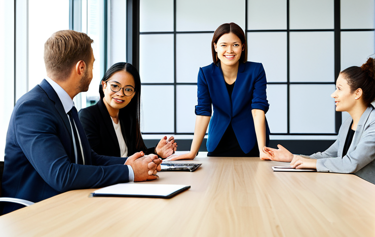 A diverse group of professionals, men and women from various cultural backgrounds, are engaged in a constructive dialogue around a modern conference table. They are all fully clothed in professional, modest business attire, seated in natural poses with perfect anatomy and correct proportions. Well-formed hands are visible, subtly gesturing. The environment is a brightly lit, contemporary office space, symbolizing collaboration and mutual understanding. This is a high-quality professional image, safe for work, appropriate content, with natural body proportions, and is family-friendly.