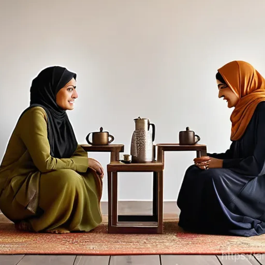 언어적 편향과 광고의 관계 - **Prompt:** A serene and inviting indoor scene featuring two Arab women of different generations, a ...