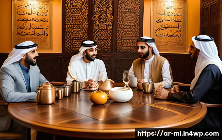 언어적 편향과 비판적 사고 - A diverse group of Middle Eastern adults engaged in a respectful, thoughtful discussion around a tra...