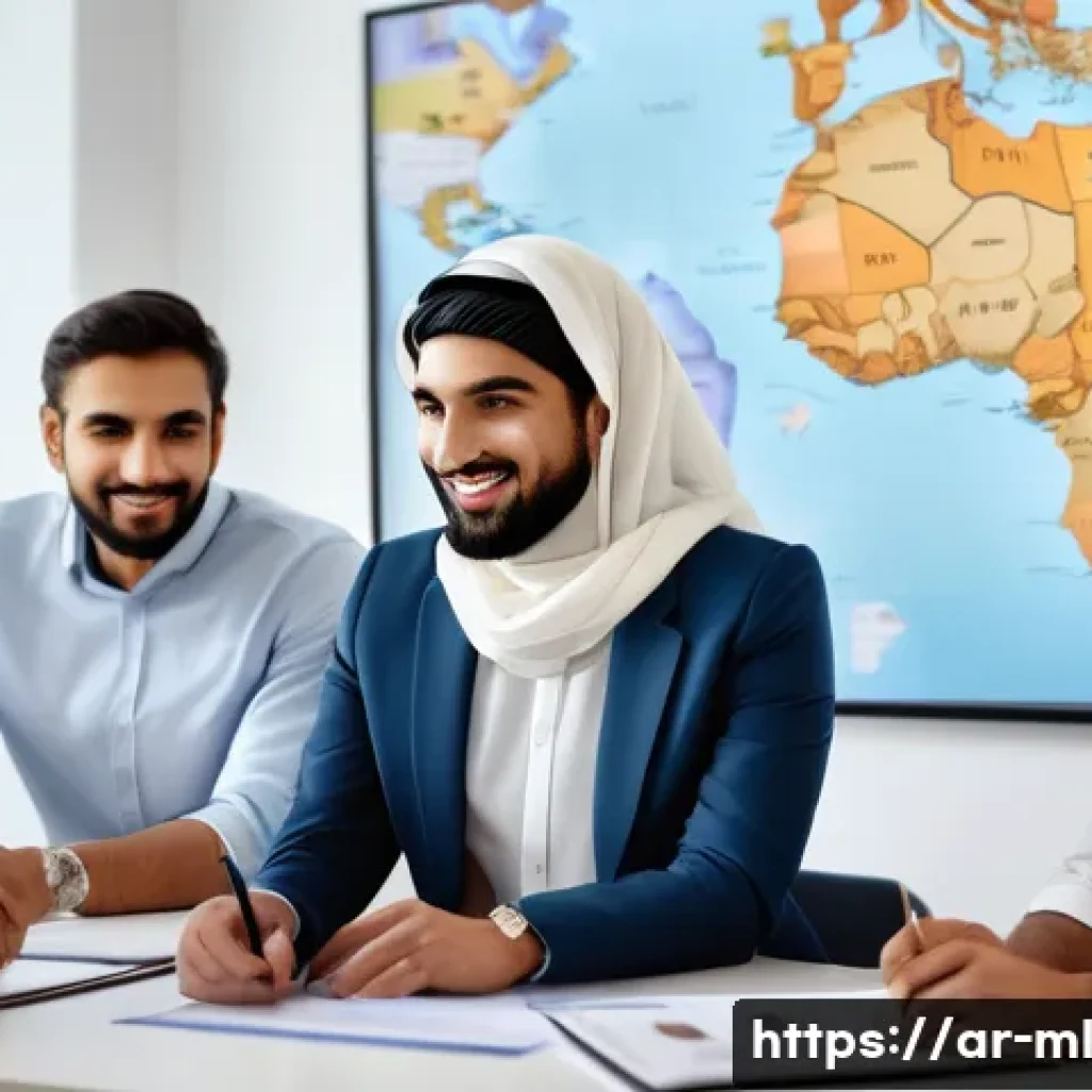 언어적 편향과 문화적 맥락 - A diverse group of Arabic-speaking professionals in a modern multinational office setting, engaging ...
