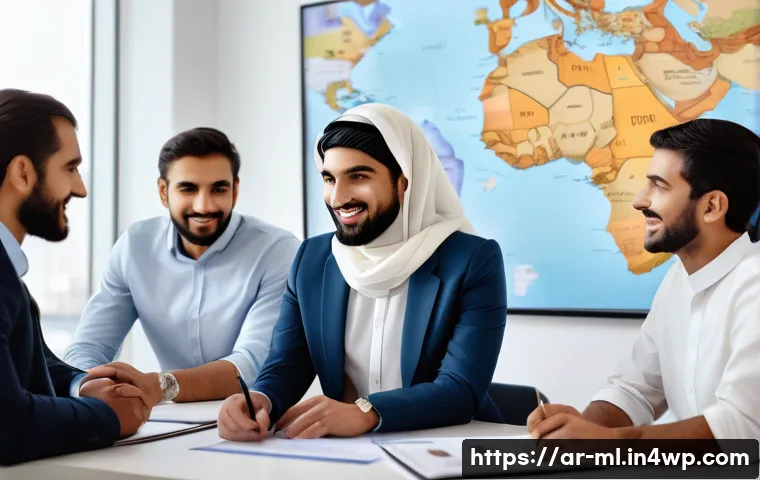 언어적 편향과 문화적 맥락 - A diverse group of Arabic-speaking professionals in a modern multinational office setting, engaging ...