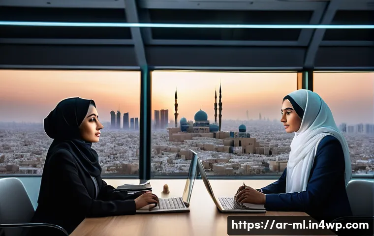언어적 편향에 대한 사례 연구 - A diverse group of Arabic-speaking journalists in a modern newsroom setting, thoughtfully discussing...