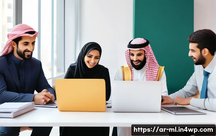 언어적 편향과 직장 내 다양성 - A modern office environment in a Middle Eastern city, showing a diverse team of Arabic-speaking prof...