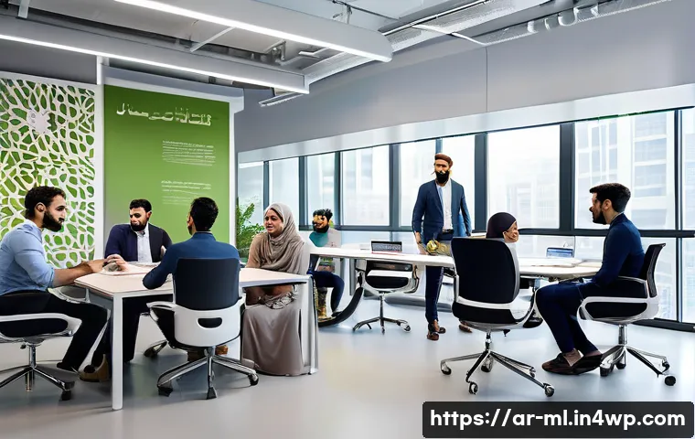 언어적 편향의 유형과 사례 - A diverse group of Arabic-speaking professionals in a modern office environment, engaging in a respe...