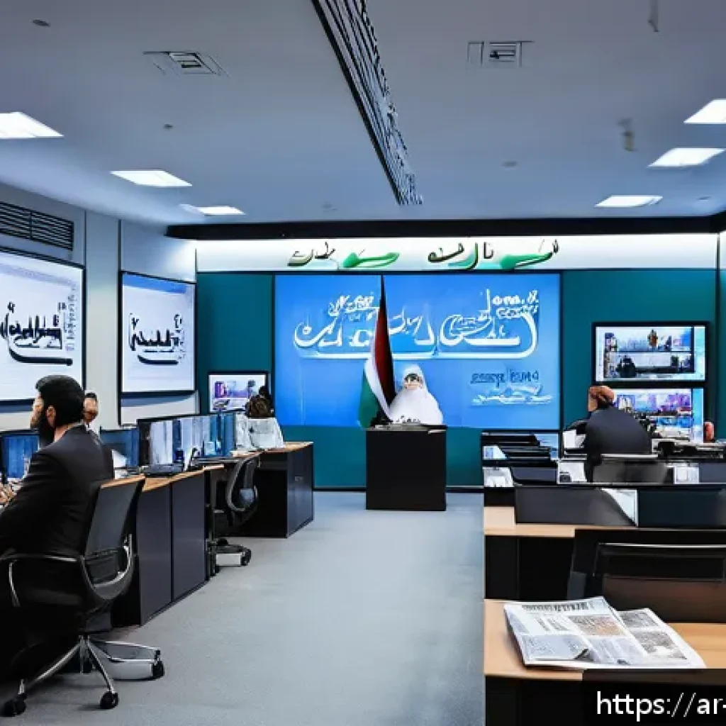 언어적 편향과 미디어 리터러시 - A detailed, culturally rich newsroom scene in a modern Middle Eastern city setting, featuring Arabic...