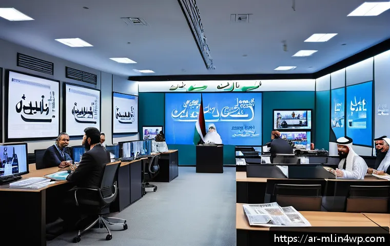 언어적 편향과 미디어 리터러시 - A detailed, culturally rich newsroom scene in a modern Middle Eastern city setting, featuring Arabic...