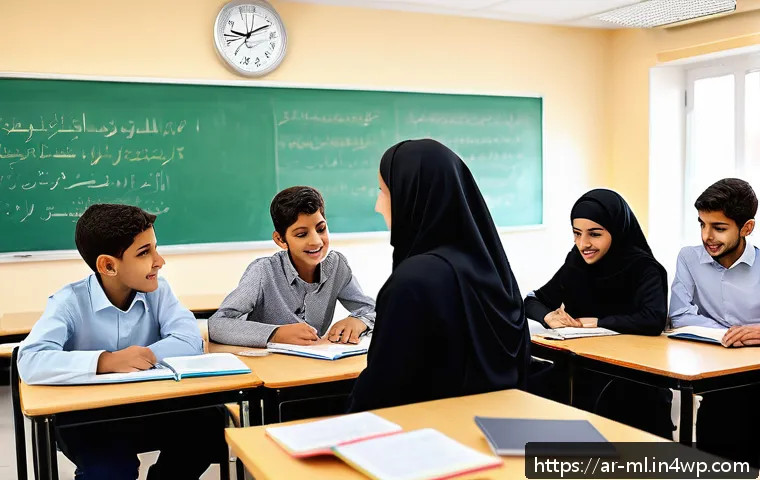 언어적 편향과 연결된 사회적 이슈 - A diverse group of Arabic-speaking students in a modern classroom setting, some using laptops and te...