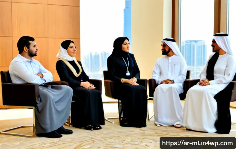 언어적 편향의 글로벌 트렌드 - Photorealistic editorial scene of a diverse international discussion panel in a modern Gulf city con...