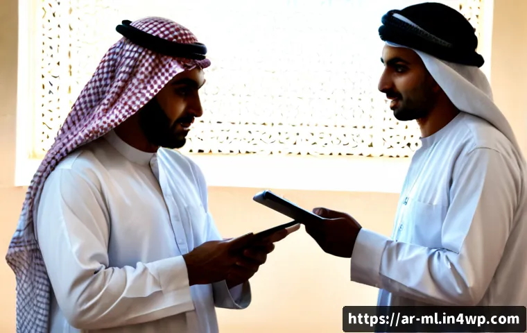언어적 편향의 분석을 위한 사례 연구 - Photorealistic editorial scene of an Arab linguist and a diverse research colleague comparing two an...